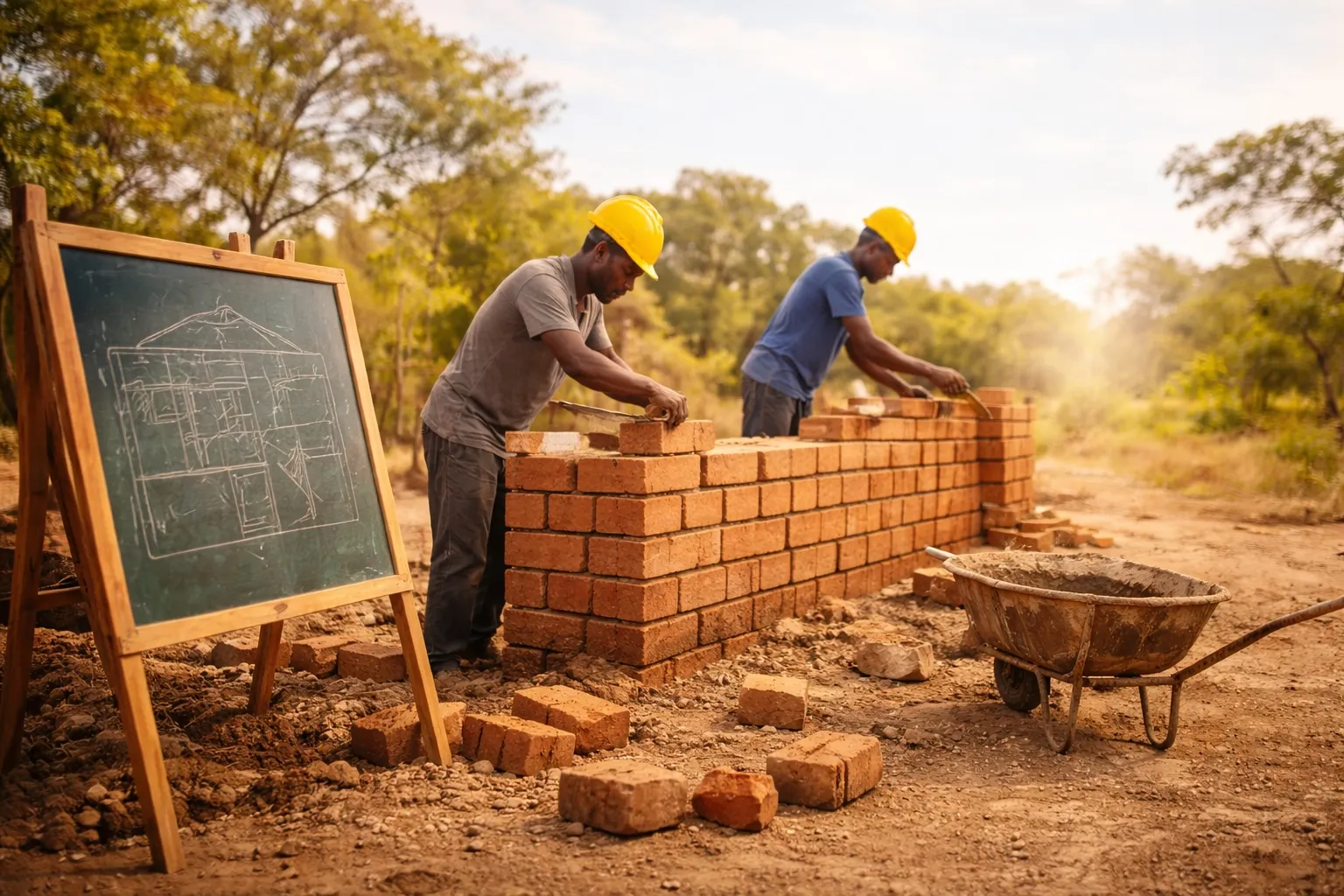 Bauarbeiter errichten das Fundament des Kinderentwicklungscampus